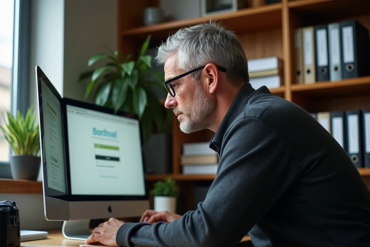 Homme connecté à Scolinfo sur ordinateur de bureau dans un bureau privé sécurisé