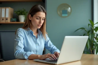 Nouvelle enseignante activant son compte Convergence sur un ordinateur portable dans un bureau administratif scolaire à Toulouse
