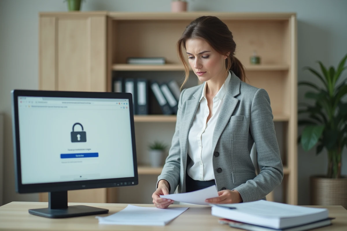 Administratrice scolaire consultant un document face à un ordinateur affichant une erreur de connexion sur id.ac-versailles.fr dans un bureau administratif
