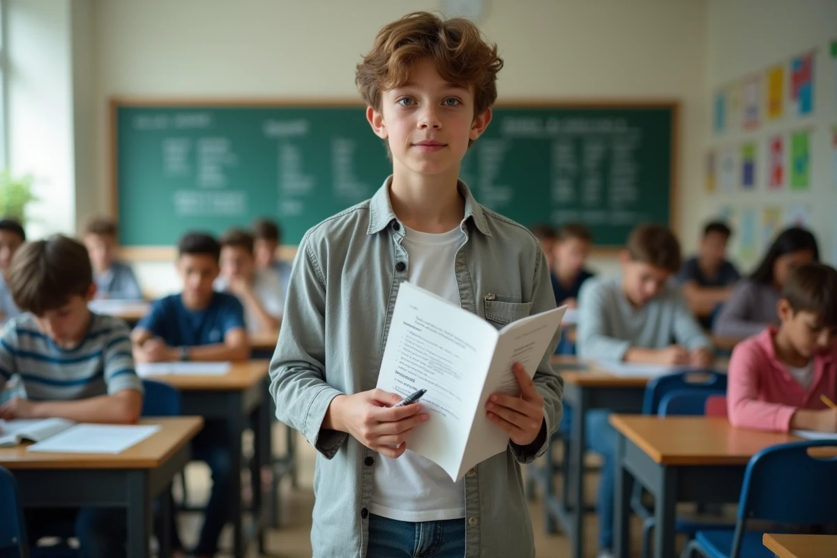 Adolescent en classe avec un cahier de francais et surligneur