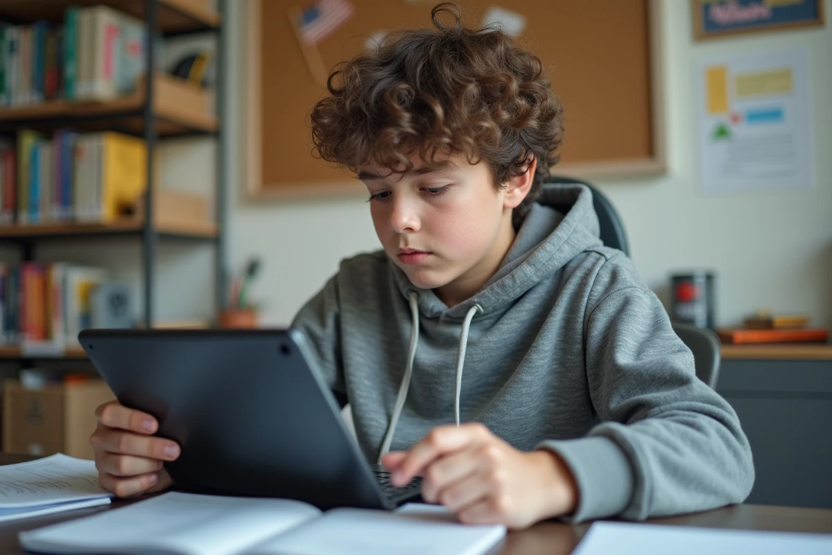 Adolescent concentré triant ses fichiers sur une tablette