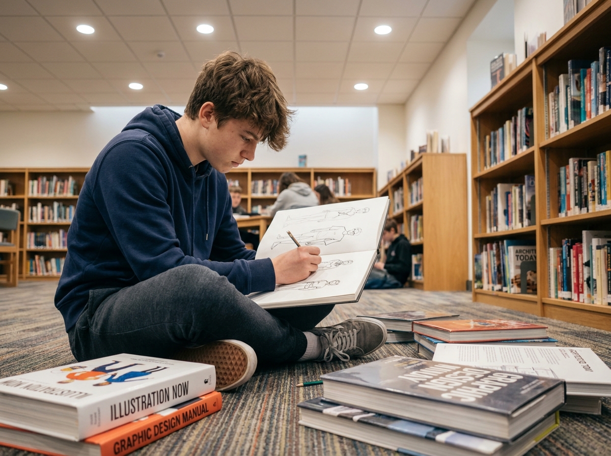 Adolescent dessinant des personnages dans une bibliothèque scolaire entouré de livres sur l'illustration et le design graphique