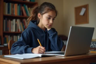 Adolescente consultant son emploi du temps scolaire sur un ordinateur portable via le portail école Entsomme, tout en prenant des notes dans un carnet à sa table de travail