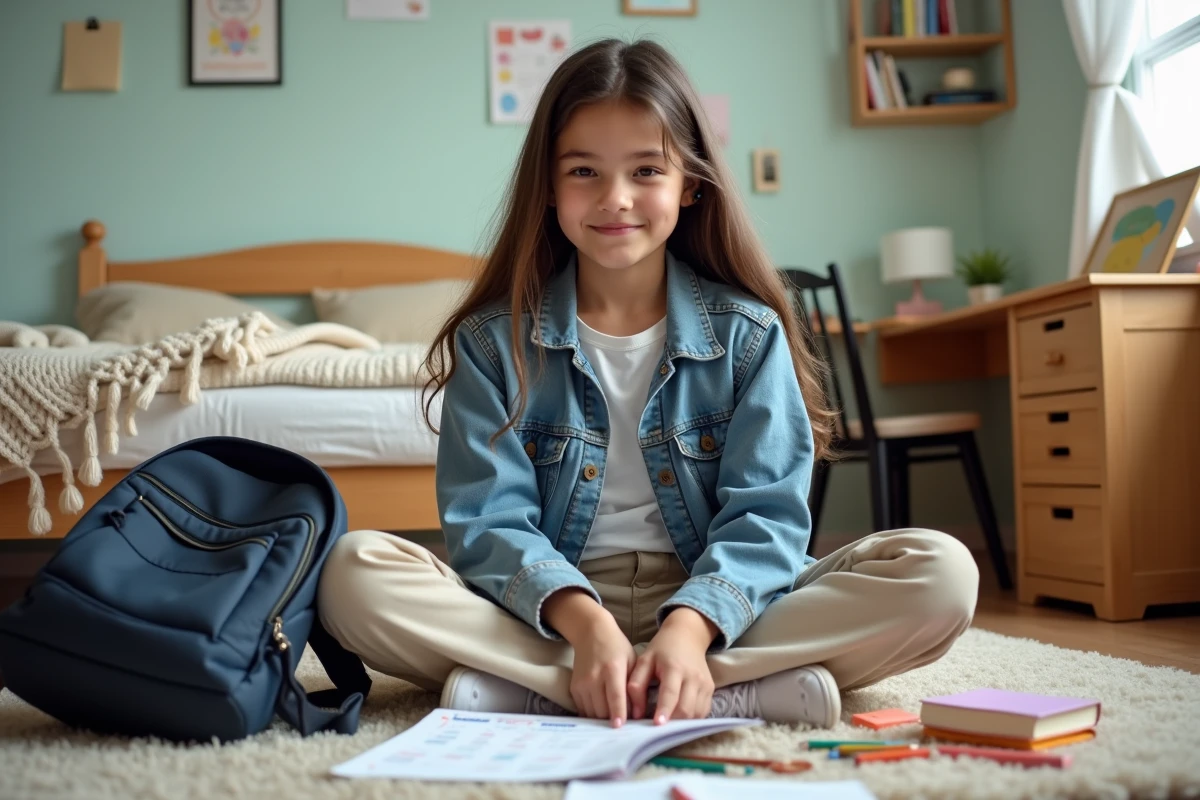 Adolescente organisant son sac à dos et ses fournitures scolaires dans sa chambre en préparation de la rentrée 2026