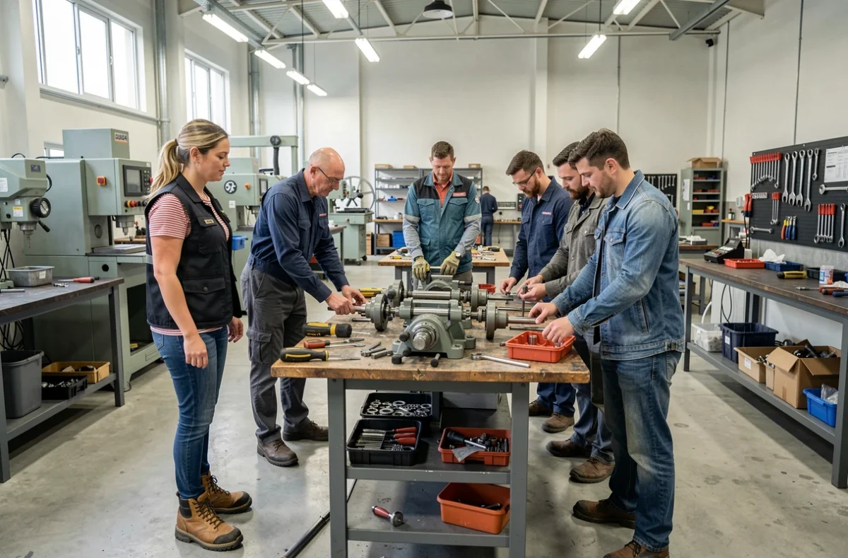 Formatrice de l'Afpa animant un atelier pratique en mécanique avec des adultes en reconversion