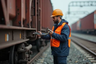 Agent ferroviaire homme en veston orange vérifiant wagons