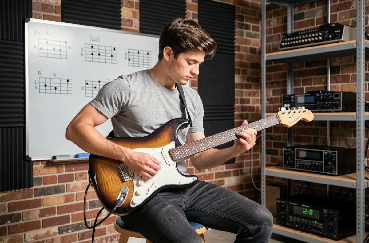 Un jeune guitariste joue de la guitare électrique dans une salle moderne de l'American School of Modern Music à Paris