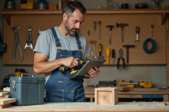 Homme adulte apprenant le bricolage en autonomie grâce à un tutoriel vidéo sur tablette dans un atelier maison équipé