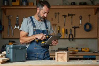 Homme adulte apprenant le bricolage en autonomie grâce à un tutoriel vidéo sur tablette dans un atelier maison équipé