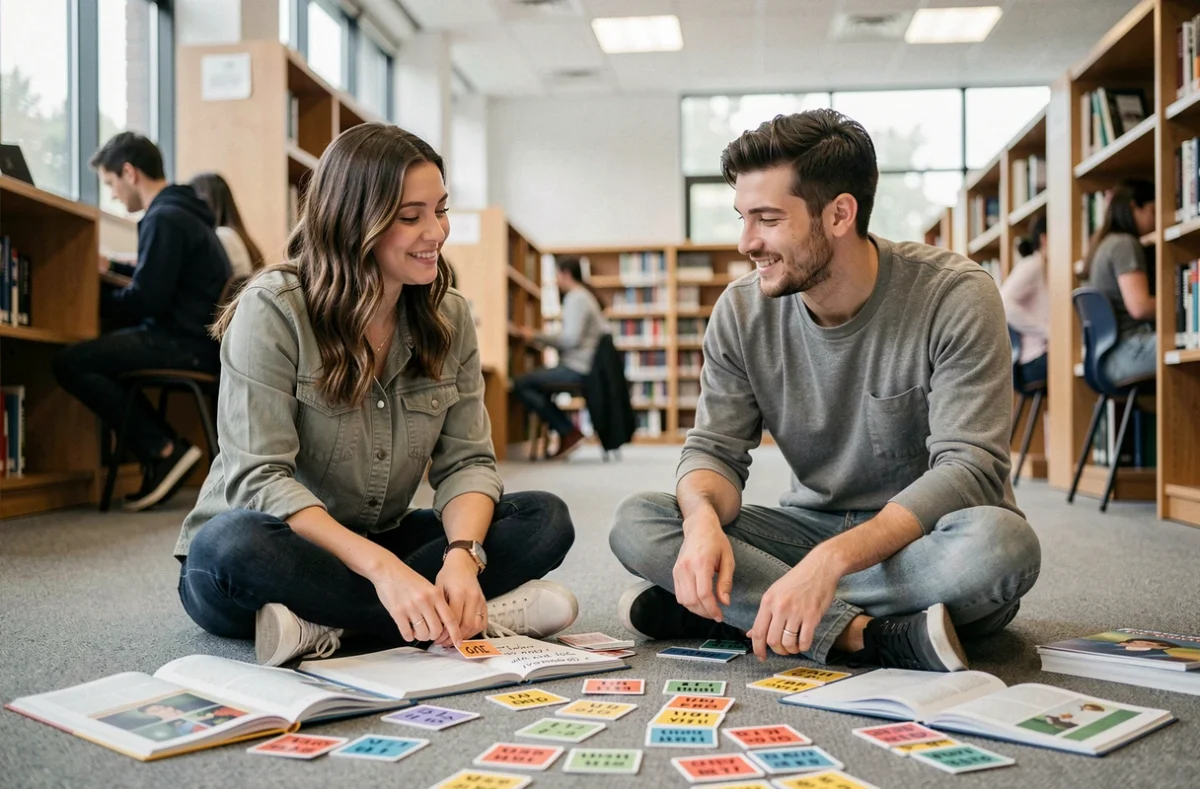 Deux étudiants apprenant ensemble la conjugaison des verbes espagnols avec des fiches et des livres de grammaire dans une bibliothèque universitaire