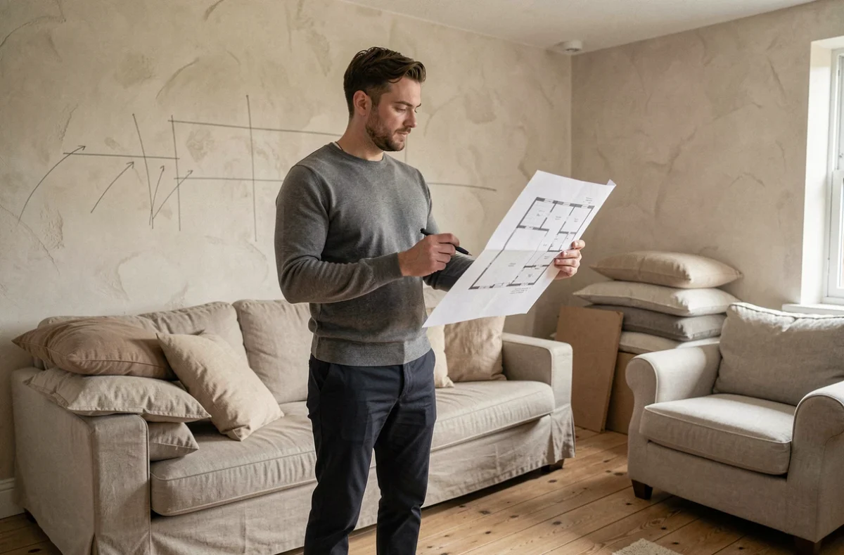 Homme apprenti décorateur analysant un plan d'aménagement dans un salon en cours de décoration
