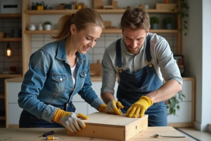 Femme et jeune homme assemblant une étagère en appartement