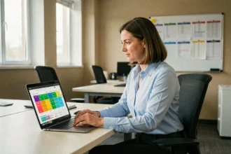 Assistante administrative consultant un emploi du temps numérique sur NetYParéo dans un bureau scolaire moderne