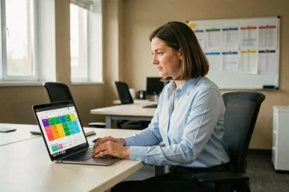 Assistante administrative consultant un emploi du temps numérique sur NetYParéo dans un bureau scolaire moderne