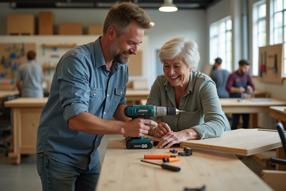 Instructeur guide une femme utilisant une perceuse en atelier
