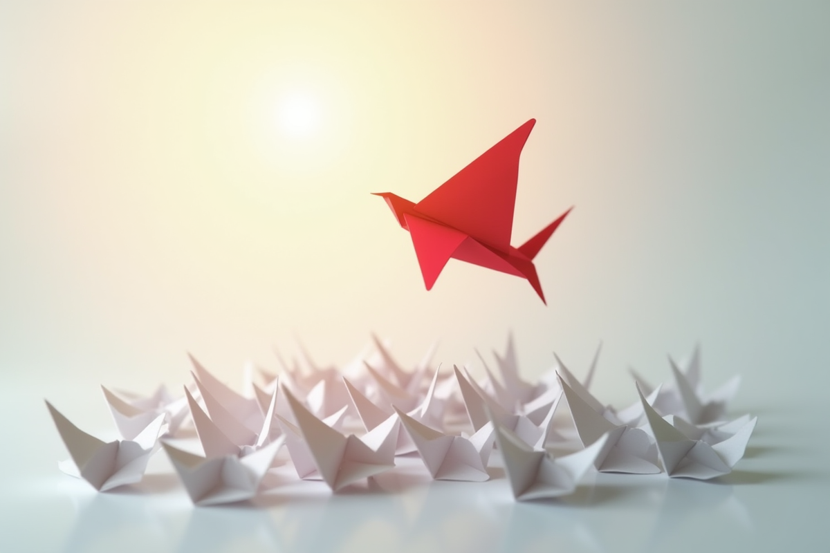 Avion en papier rouge en vol au-dessus d autres avions blancs symbolisant la disruption