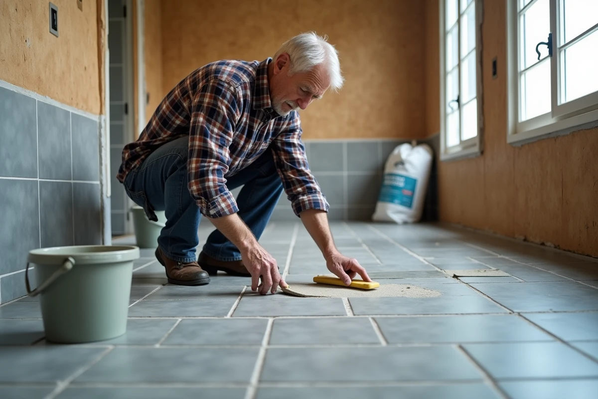 Homme expérimenté posant du carrelage dans une salle de bain en rénovation, résultat d'une formation bricolage intensive