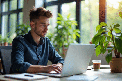 Espace de travail moderne avec un professionnel concentré sur son ordinateur