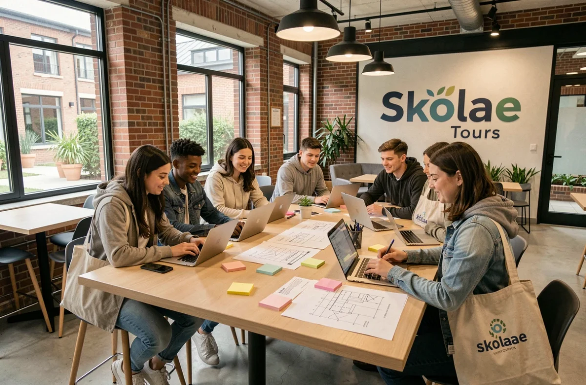Étudiants travaillant en groupe dans les locaux modernes du Campus Skolae à Tours