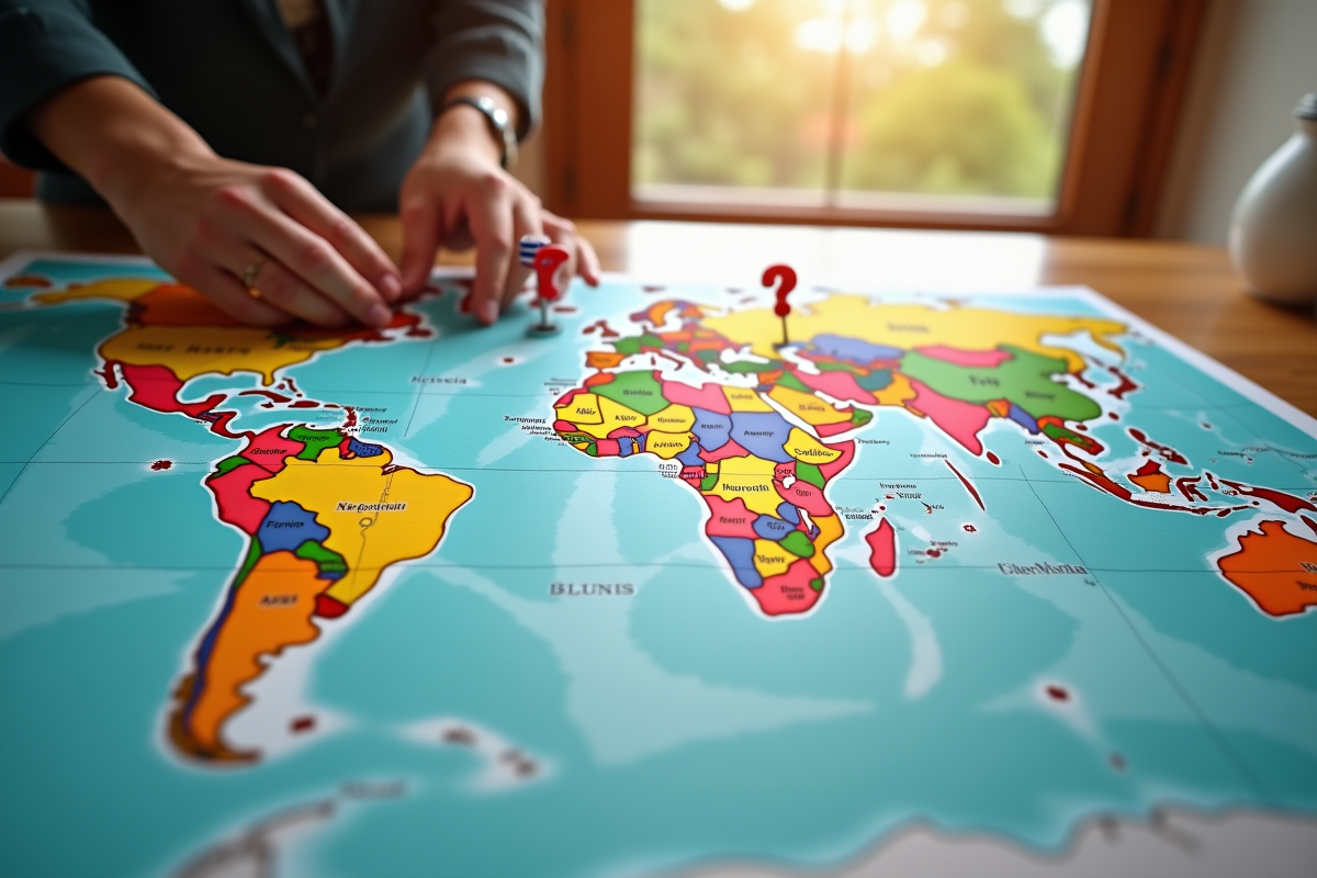 Main plaçant drapeaux anglais sur une carte du monde avec points d