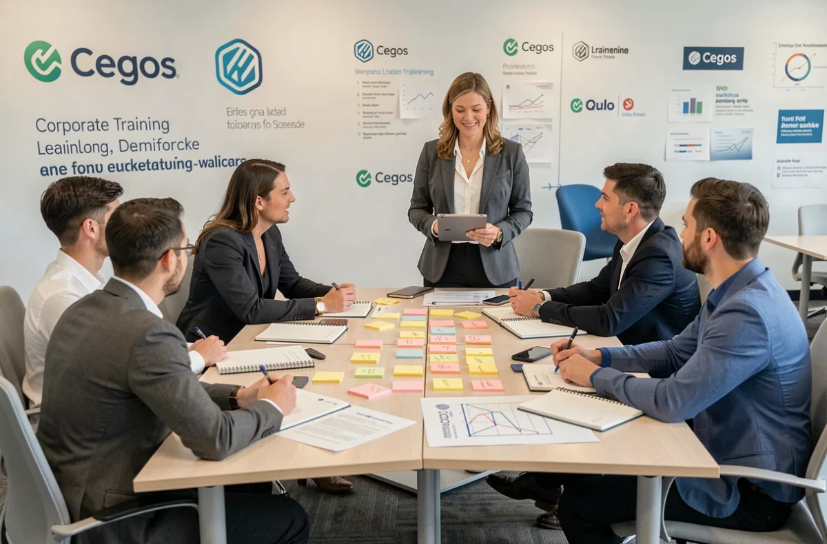 Formatrice Cegos facilitant un atelier collaboratif en entreprise avec des cadres professionnels