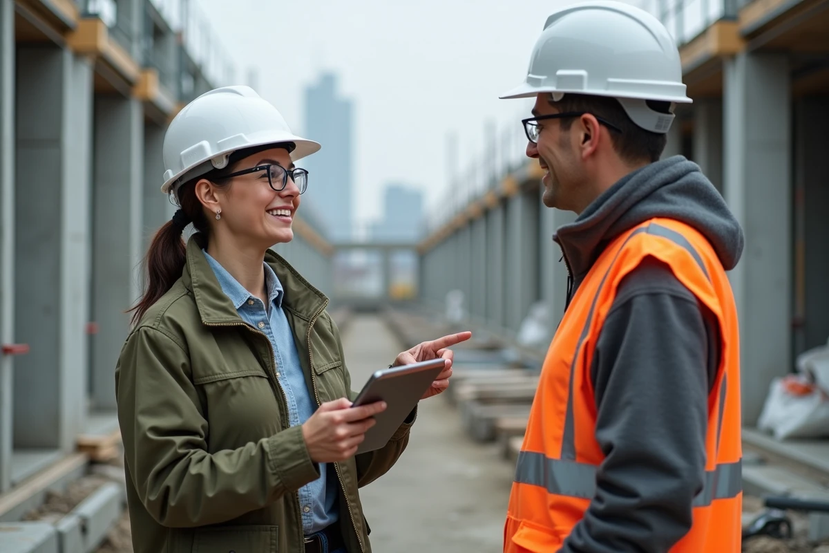 Femme cheffe de chantier en formation BTP discutant avec un collègue sur un chantier de construction urbain