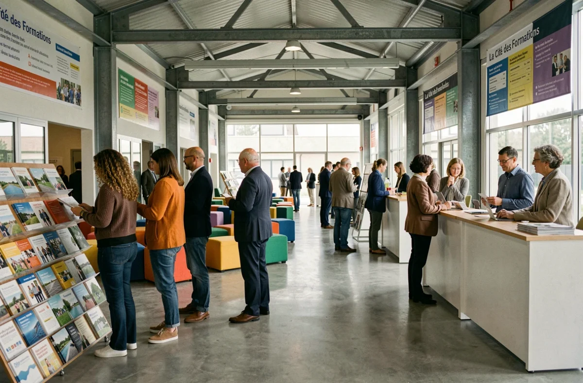 Hall d'accueil animé du centre de formation La Cité des Formations en Touraine
