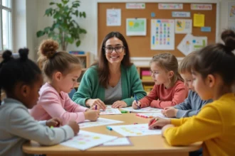 Élèves de primaire travaillant ensemble dans une classe ULIS inclusive avec une auxiliaire de vie scolaire