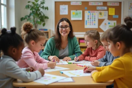 Élèves de primaire travaillant ensemble dans une classe ULIS inclusive avec une auxiliaire de vie scolaire