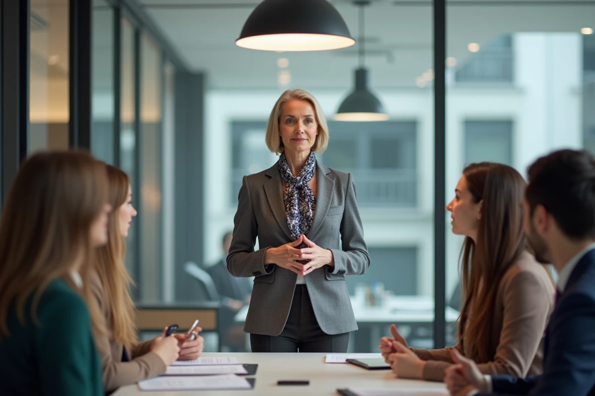Coach exécutive en présentation devant un groupe dans un bureau moderne