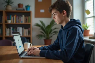Collégien connecté au portail numérique collège 41 sur son ordinateur portable dans sa chambre