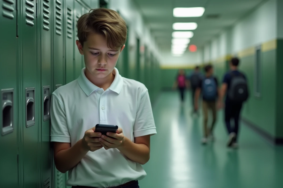 Collégien vérifiant ses devoirs à faire sur l'application Entsomme depuis son smartphone dans le couloir de son établissement scolaire