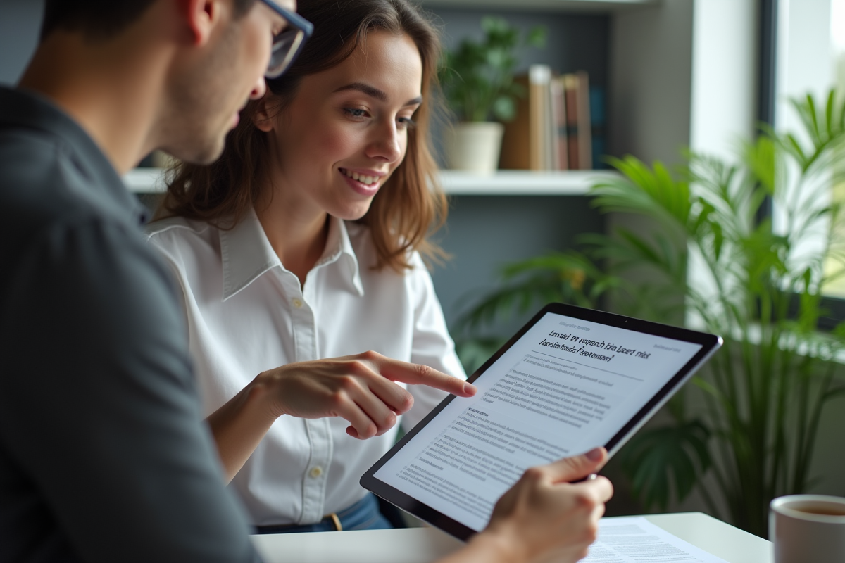 Deux collègues discutant en regardant une tablette dans un bureau moderne