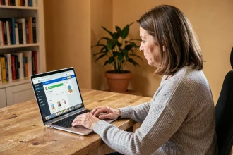 Femme adulte connectée à l'ENT Aisne NEO depuis son bureau à domicile sur un ordinateur portable