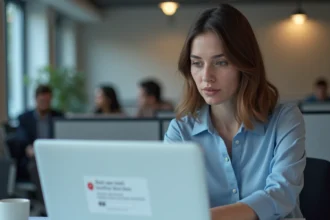 Femme professionnelle connectée au portail scolaire Scolinfo depuis son ordinateur au bureau