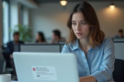 Femme professionnelle connectée au portail scolaire Scolinfo depuis son ordinateur au bureau