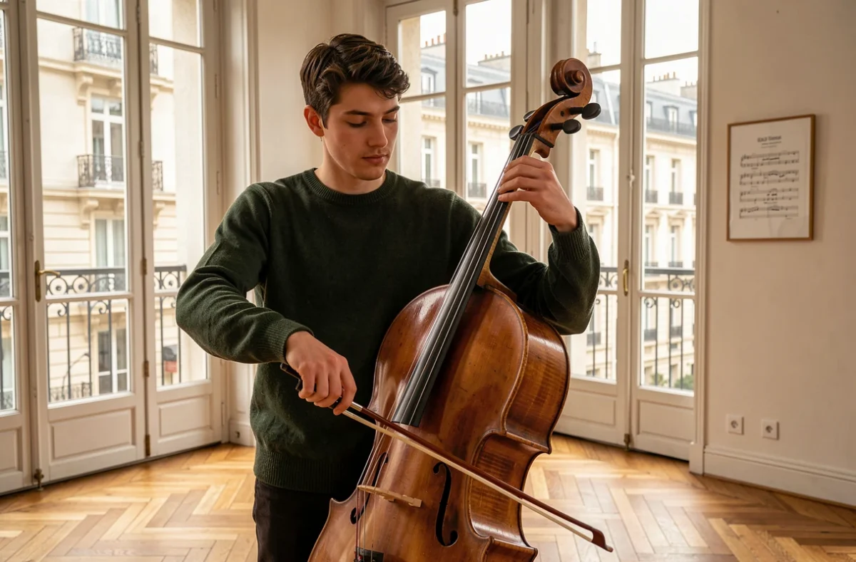 Un étudiant joue du violoncelle dans une salle lumineuse du Conservatoire Erik Satie dans le 7e arrondissement de Paris