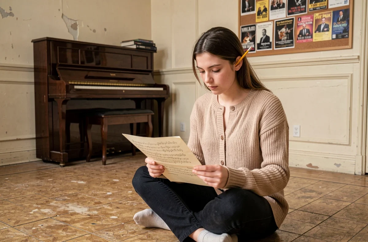 Une jeune musicienne étudie une partition manuscrite dans une salle de répétition du Conservatoire Gabriel Fauré dans le 5e arrondissement de Paris
