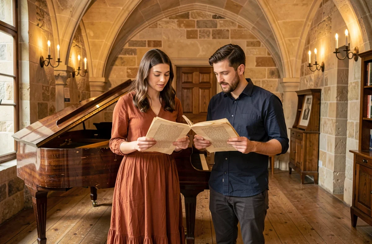 Deux étudiants consultent des partitions anciennes devant un clavecin dans une salle voûtée du Conservatoire Jean-Philippe Rameau dans le 6e arrondissement de Paris