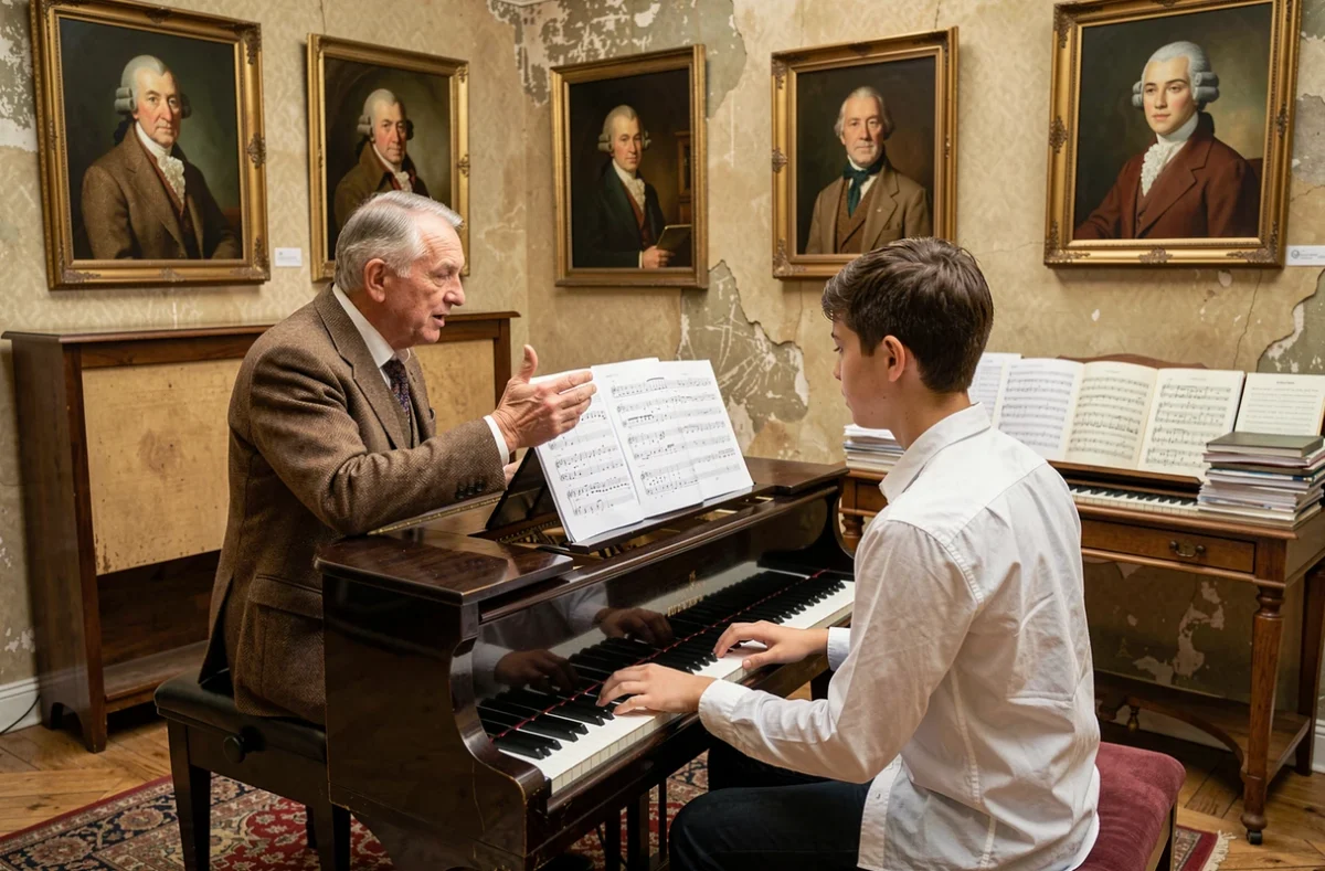 Un professeur explique une partition à un élève devant un piano dans un studio du Conservatoire W. A. Mozart Paris Centre