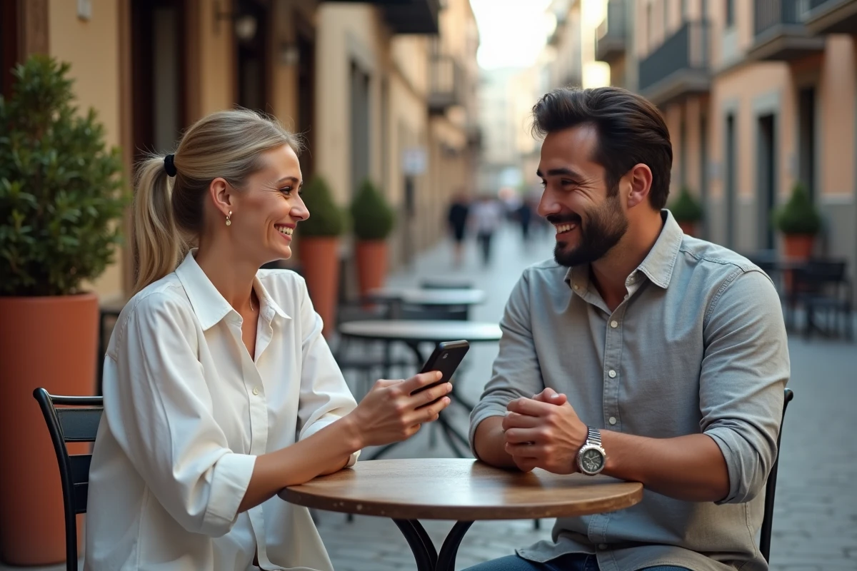 Deux adultes pratiquant la conversation en espagnol avec les verbes avoir dans un café en terrasse