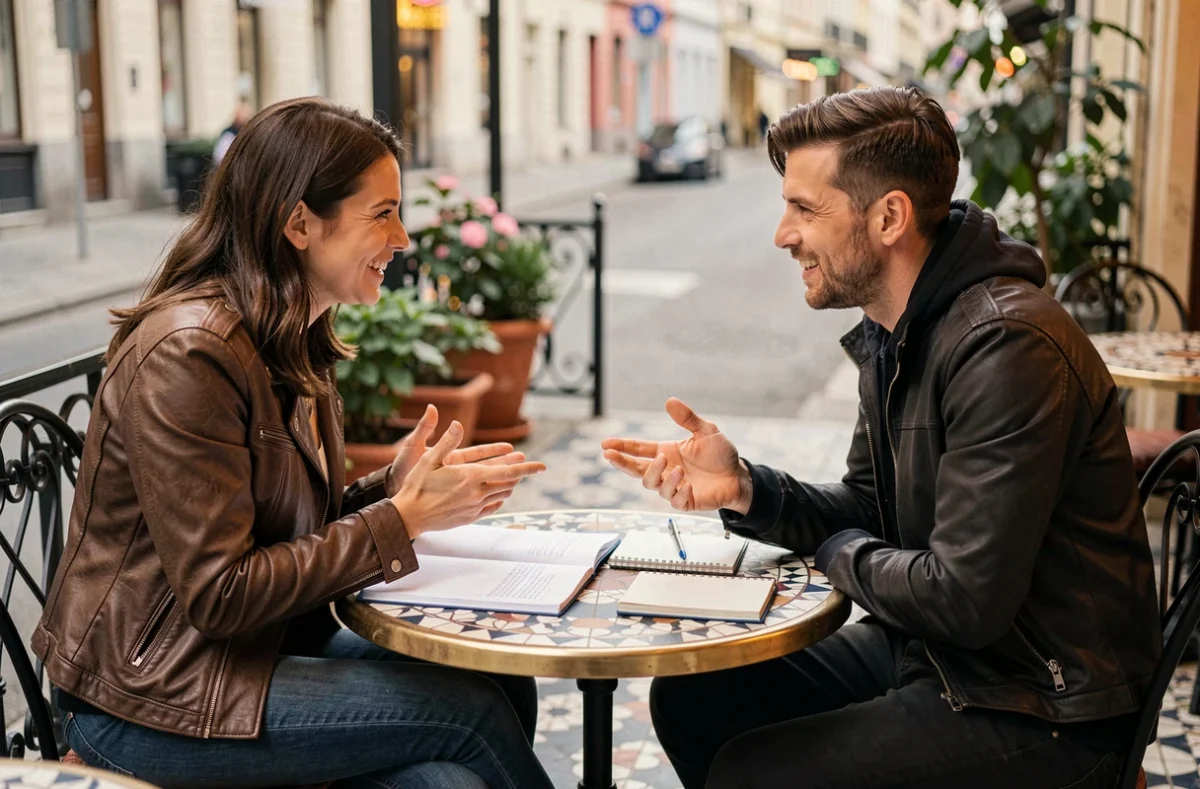 Deux adultes pratiquant le dialogue en allemand et les déclinaisons dans un café européen