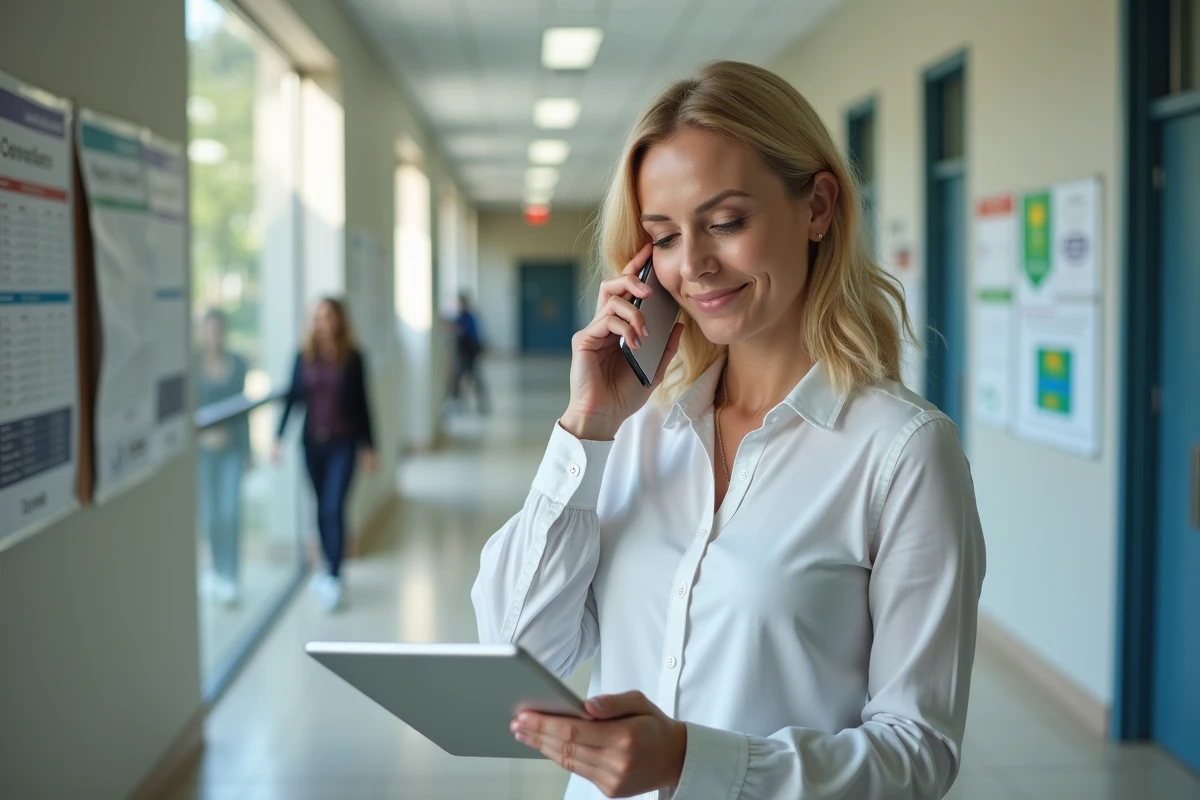 Coordinatrice administrative gérant les absences et retards sur Net Ypareo depuis une tablette dans un CFA en Normandie