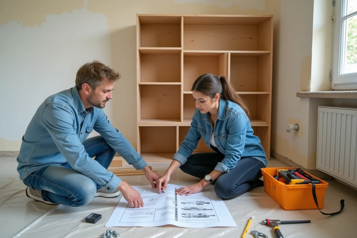 Couple assemblant une étagère en bois dans un salon en rénovation en suivant les instructions d'un cours de bricolage pratique Bricoludik