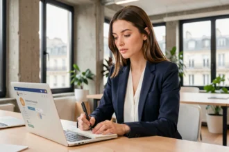 Jeune professionnelle suivant un cours digital à Paris dans un espace de coworking moderne, ordinateur portable ouvert sur une plateforme de formation en ligne