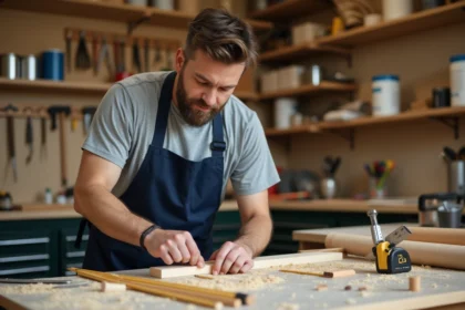 Homme adulte mesurant une planche en bois dans un atelier de bricolage organisé, cours pratique bricolage Bricoludik