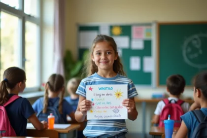 Délégué de classe CM2 présentant des idées de moments festifs devant ses camarades dans une salle de classe française