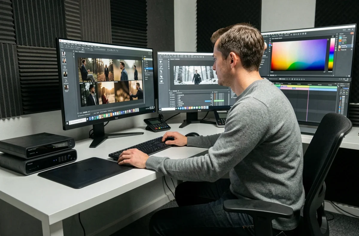 Diplômé des Gobelins travaillant en post-production cinéma sur un poste de montage professionnel