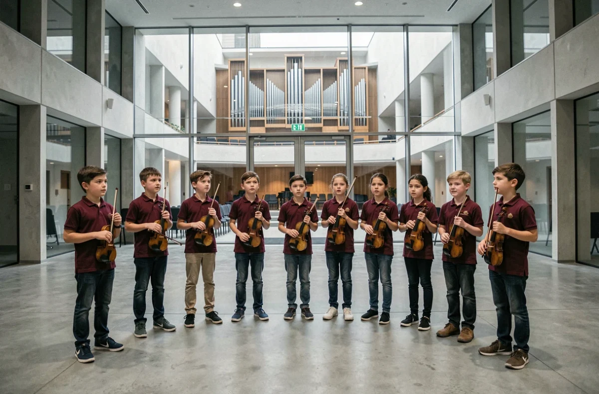 Un groupe d'enfants en tenue de concert tient des violons dans le foyer de l'École de la Philharmonie de Paris