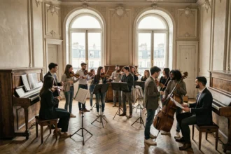 Des musiciens de tous horizons répètent ensemble dans une salle parisienne aux hautes fenêtres et parquet ancien, évoquant l'univers des écoles de musique à Paris